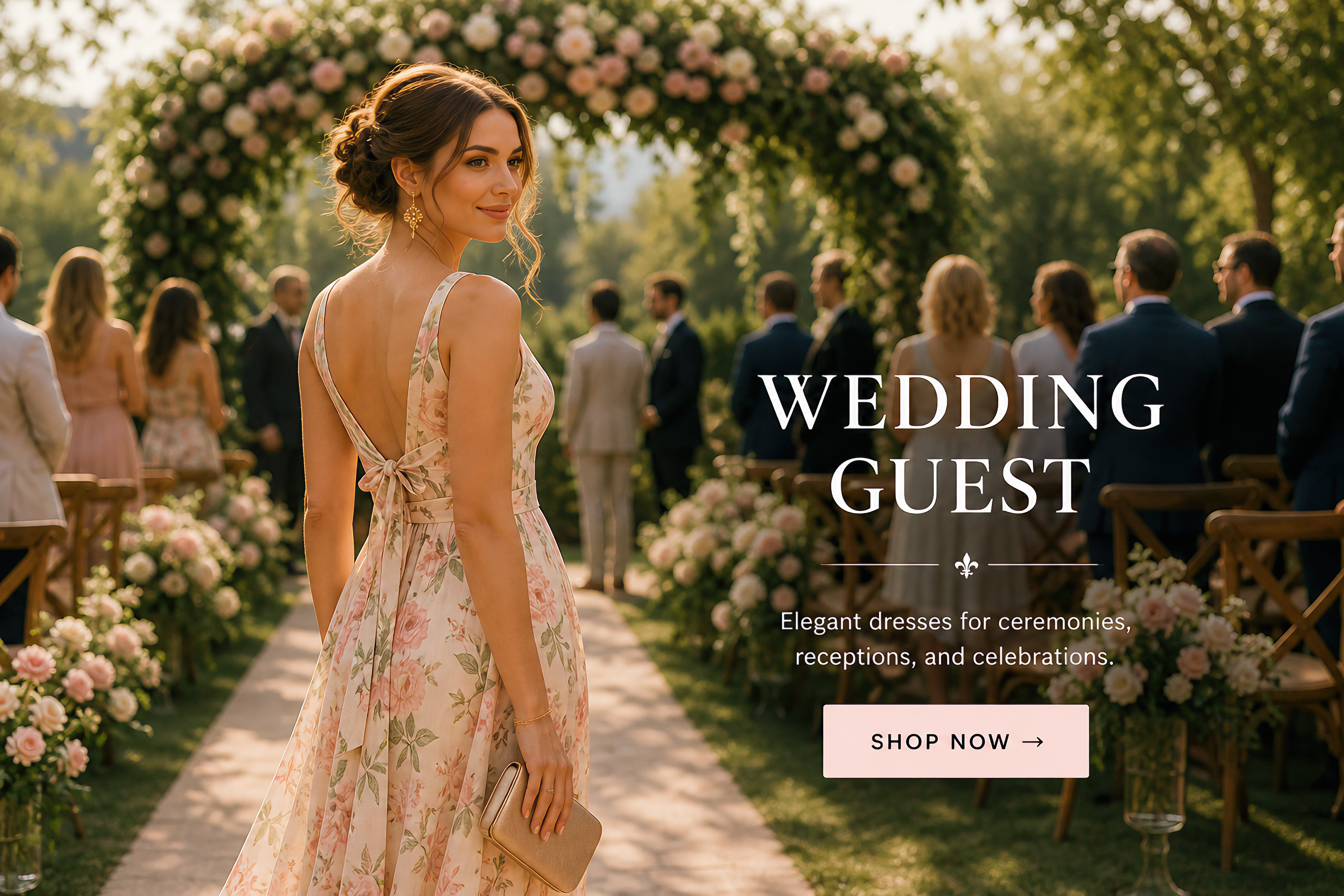 Elegant woman wearing a floral wedding guest dress at a romantic outdoor wedding ceremony with floral arches, inspired by timeless Parisian elegance from Douceur de Vivre Paris.