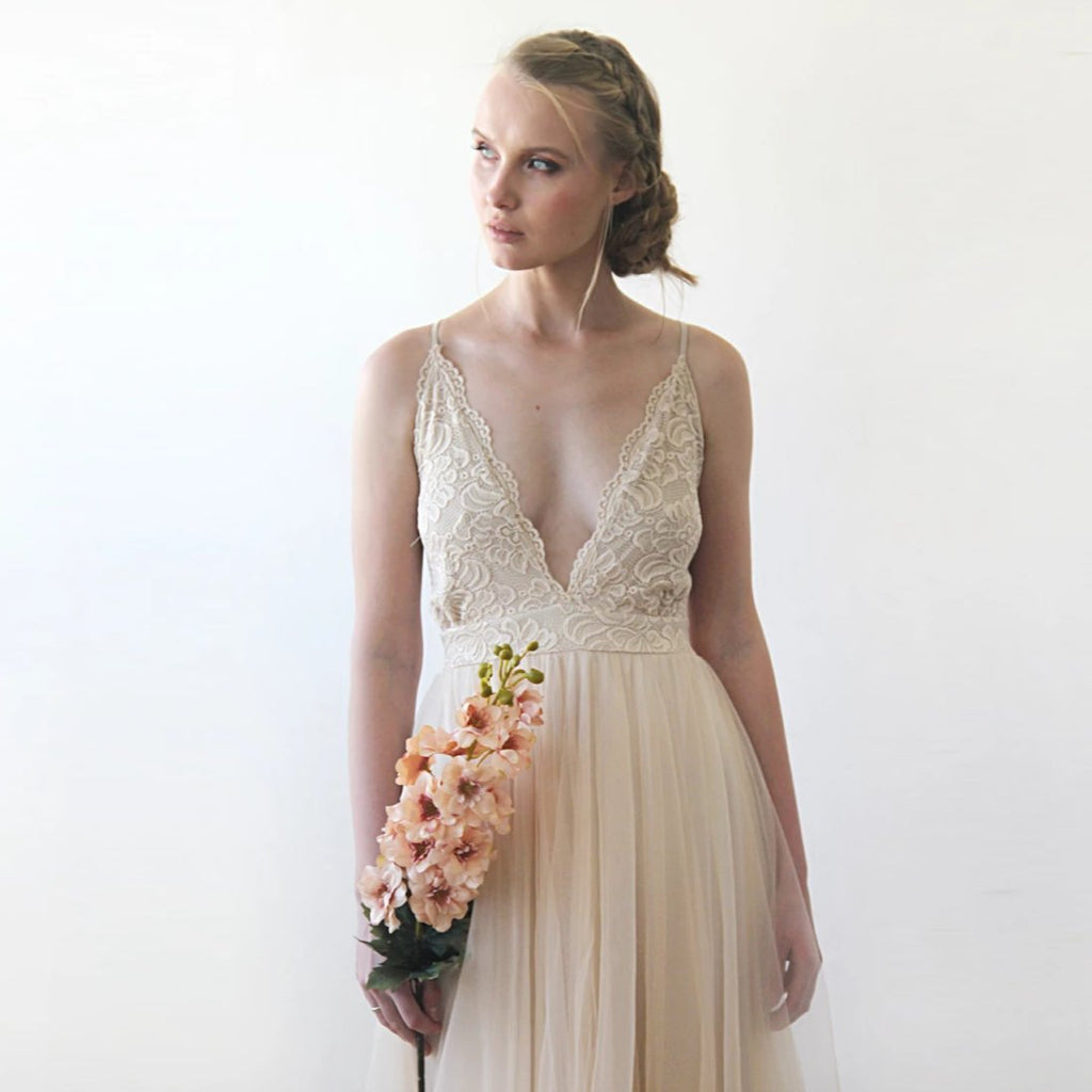 Front view of the Champagne Lace and Tulle Wedding Dress showing the deep V-neck lace bodice and softly gathered skirt.