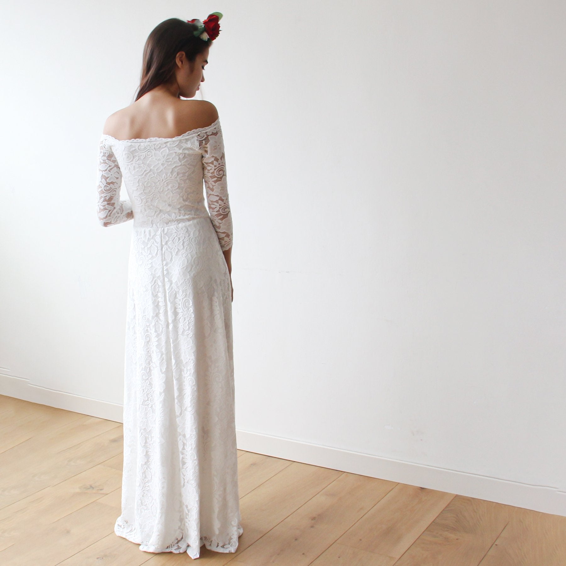 Ivory Off-The-Shoulder Floral Lace Dress #1119