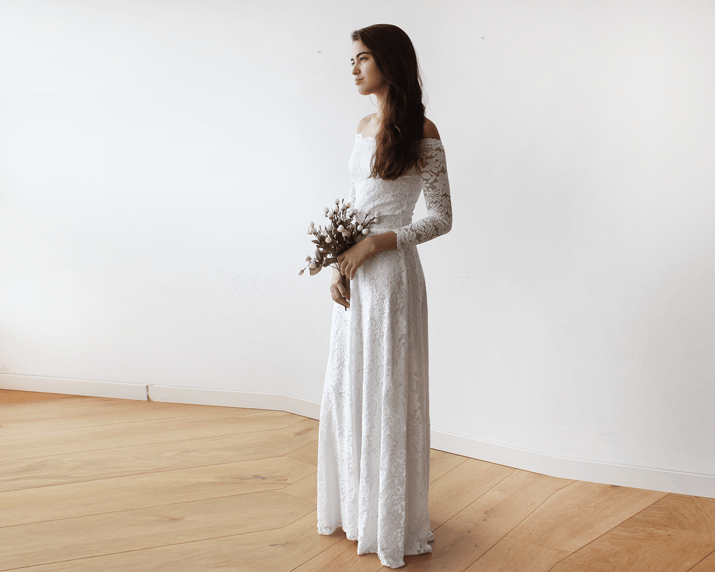 Ivory Off-The-Shoulder Floral Lace Dress #1119