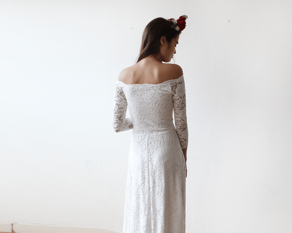 Ivory Off-The-Shoulder Floral Lace Dress #1119