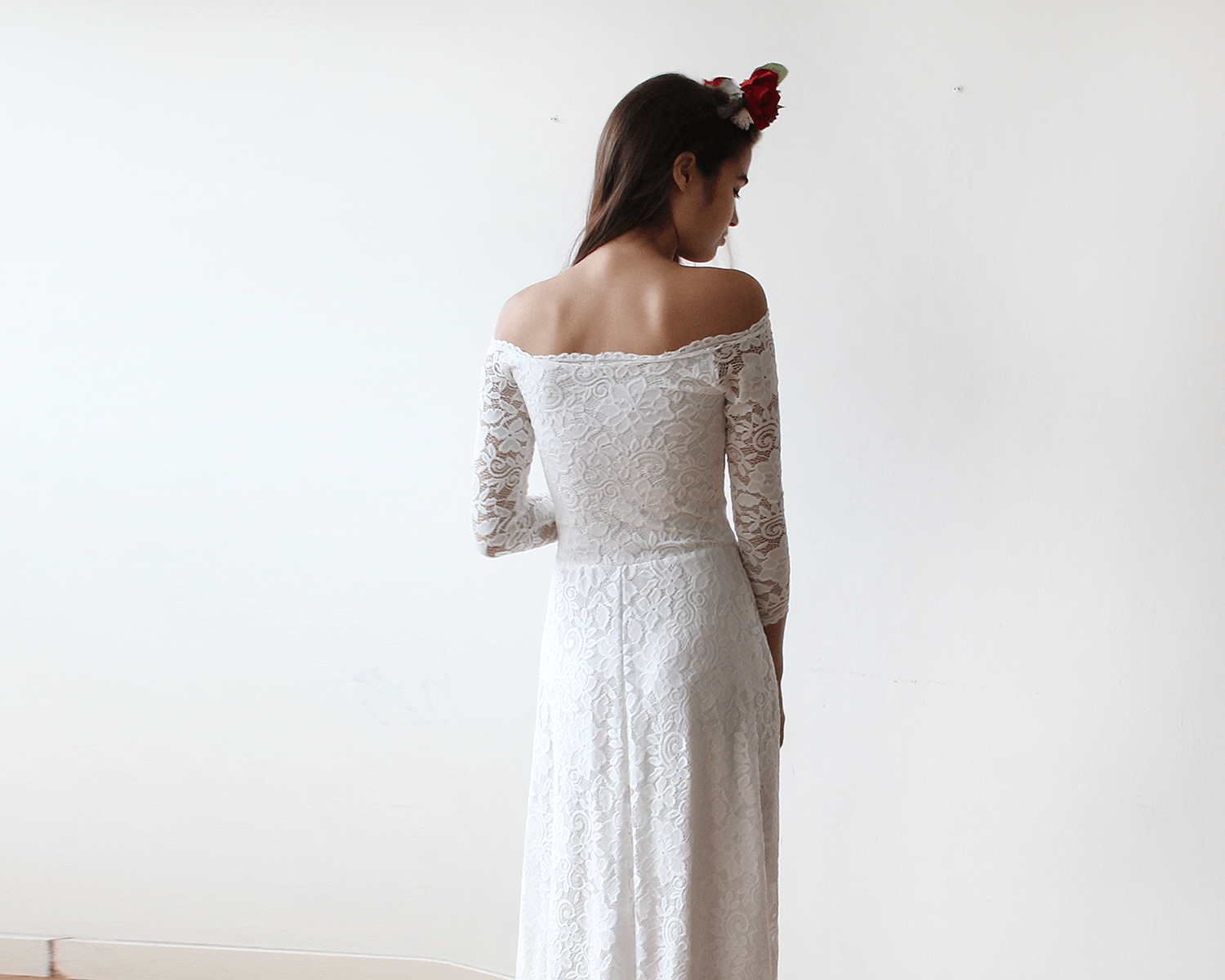 Ivory Off-The-Shoulder Floral Lace Dress #1119