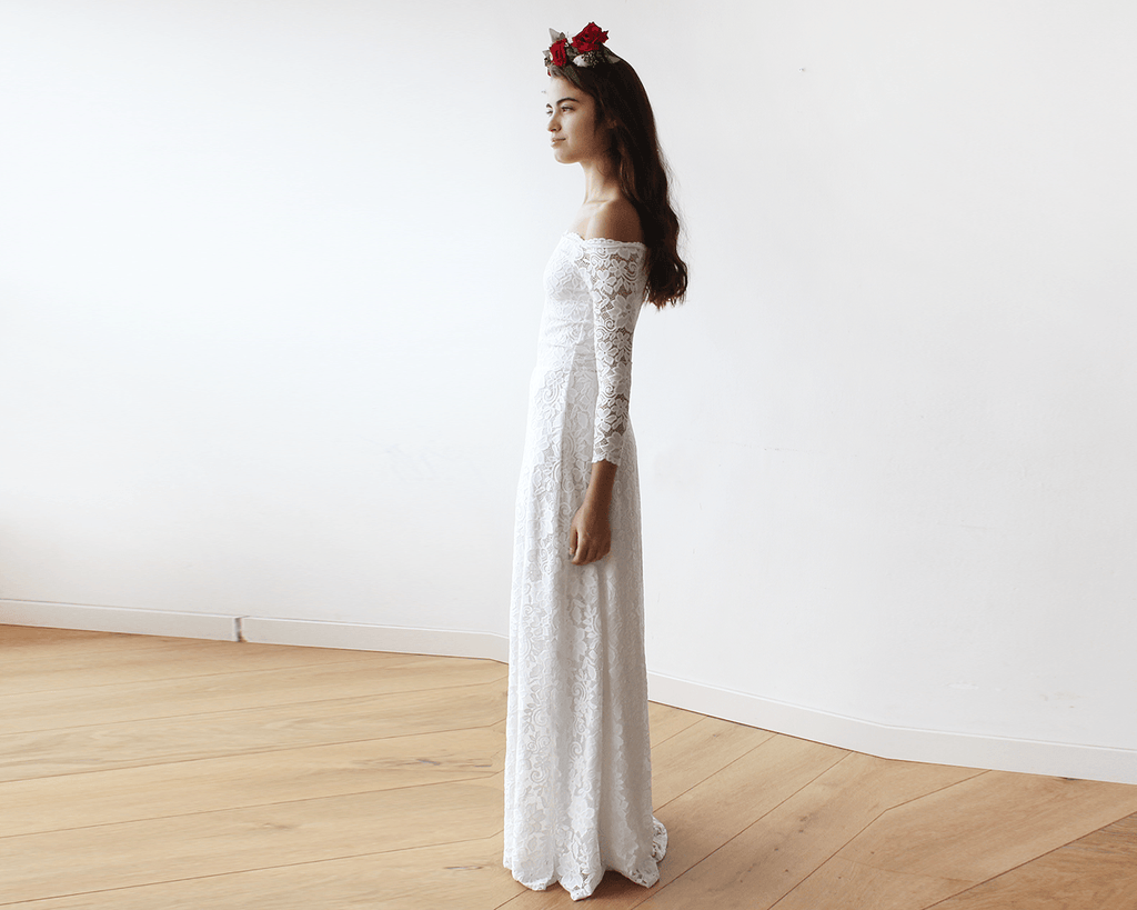 Ivory Off-The-Shoulder Floral Lace Dress #1119