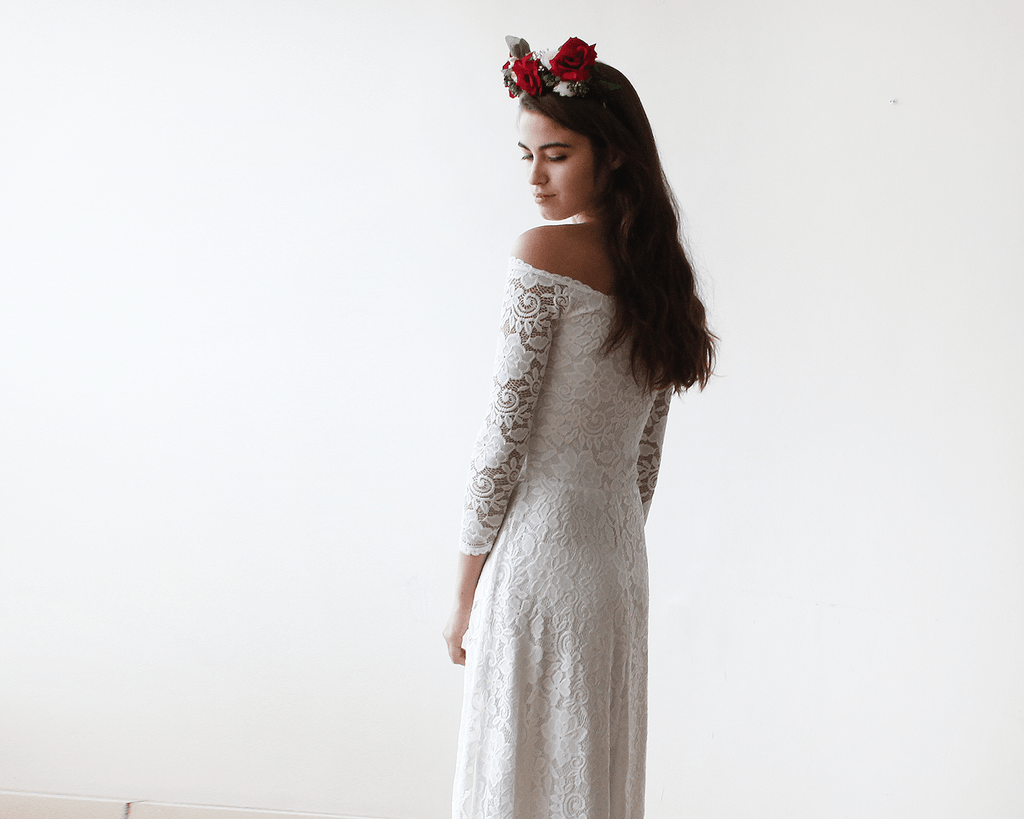 Ivory Off-The-Shoulder Floral Lace Dress #1119