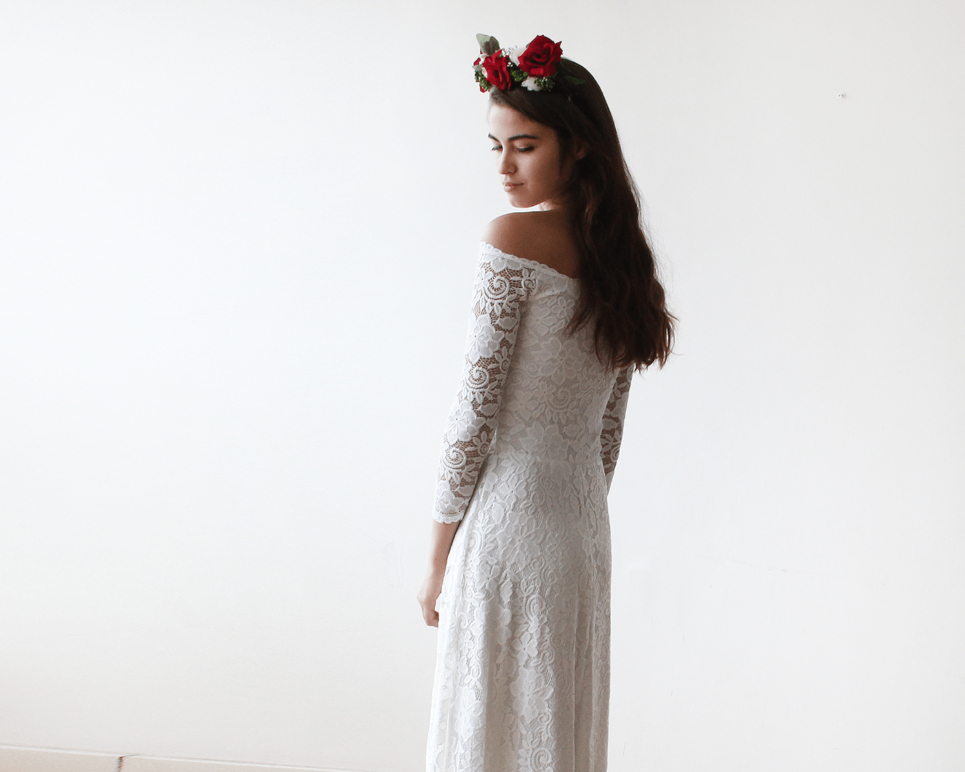 Ivory Off-The-Shoulder Floral Lace Dress #1119