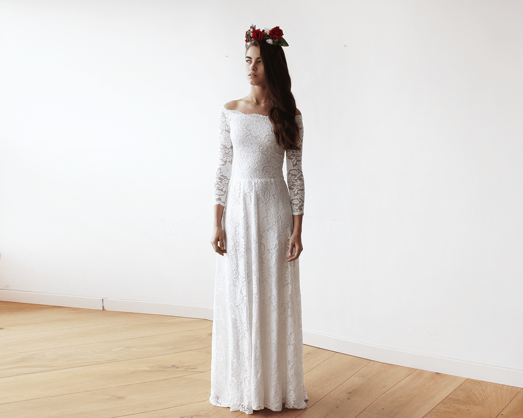 Ivory Off-The-Shoulder Floral Lace Dress #1119