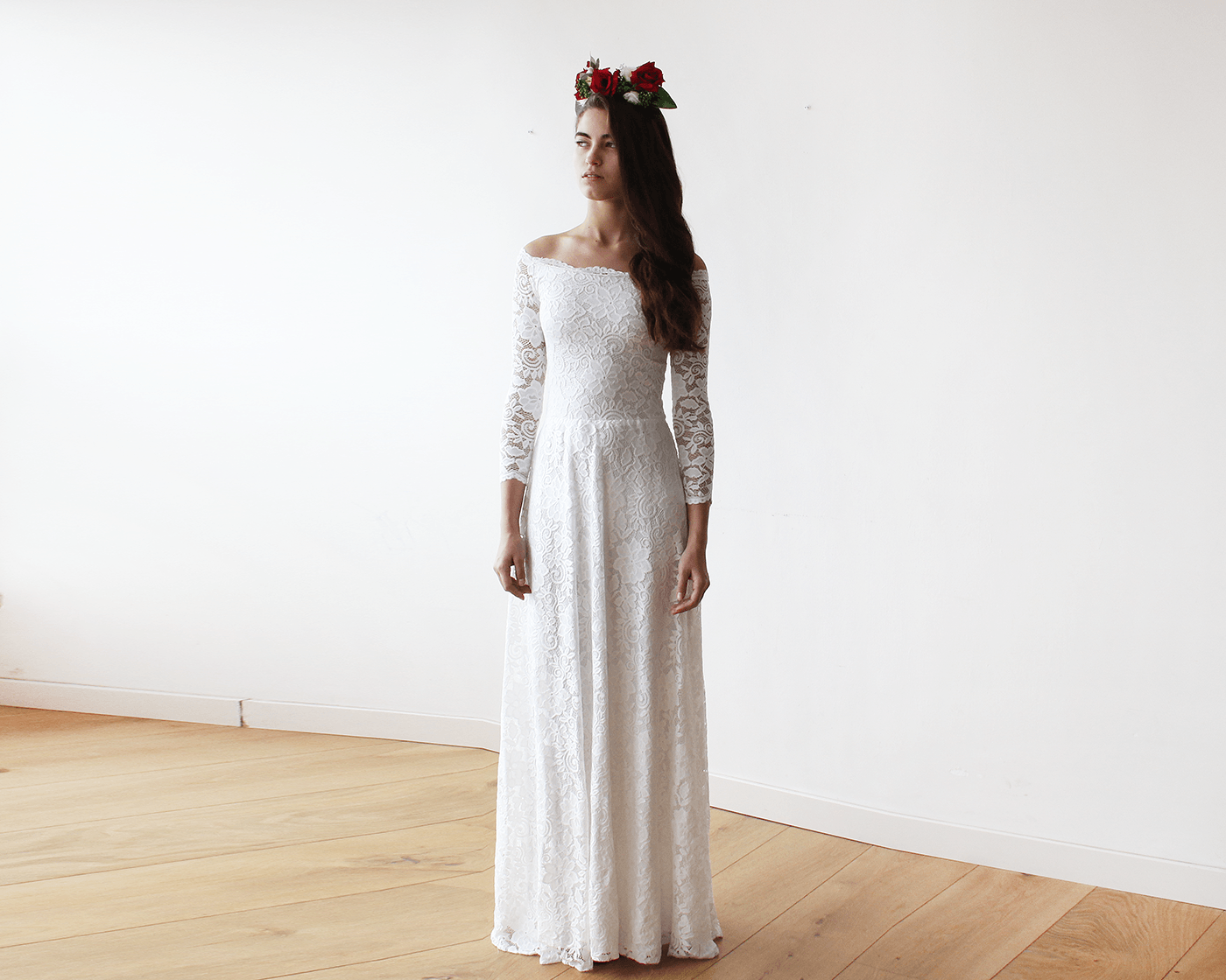 Ivory Off-The-Shoulder Floral Lace Dress #1119