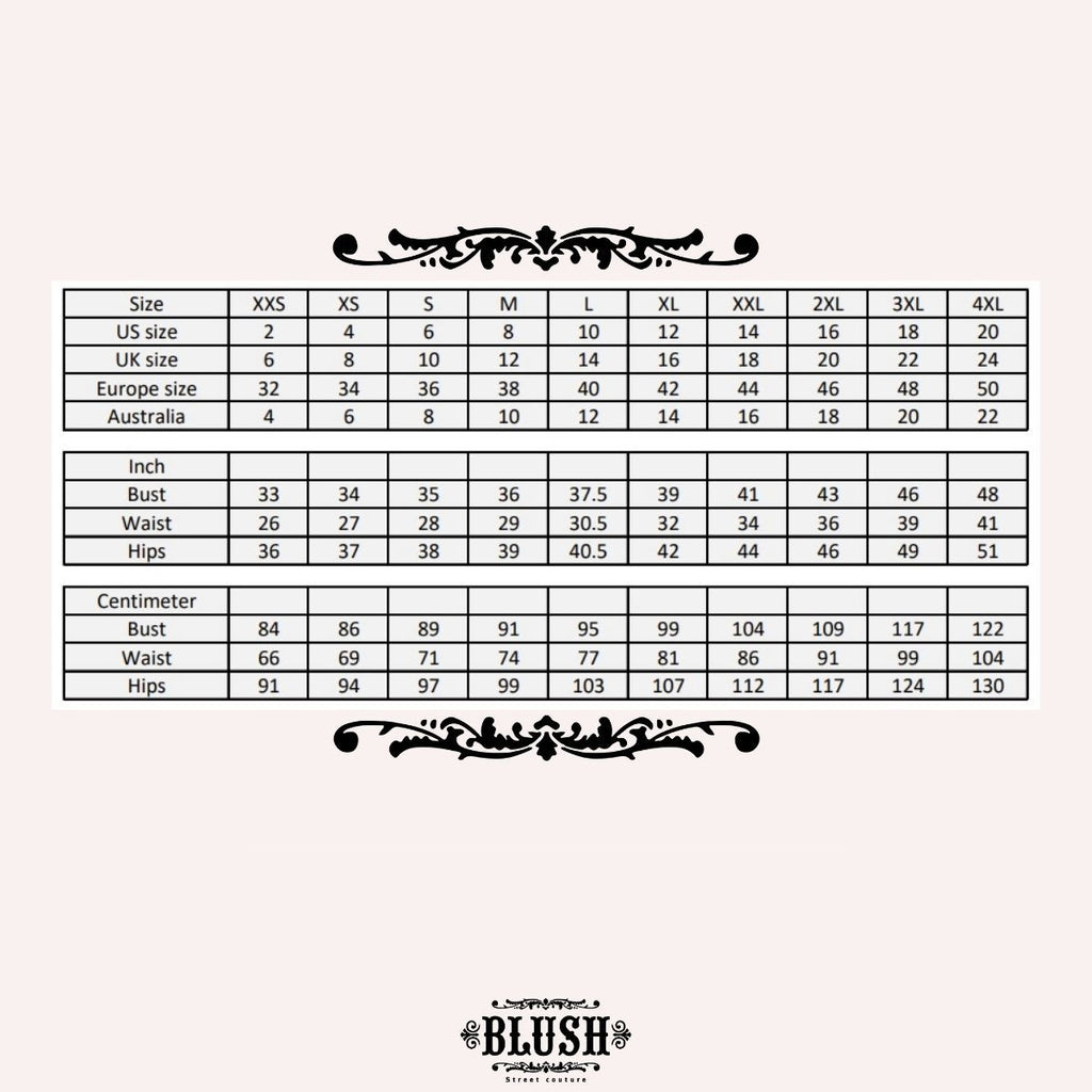 Size chart for the champagne off-shoulder lace wedding gown showing US, UK, Europe, and Australia sizing with bust, waist, and hip measurements.