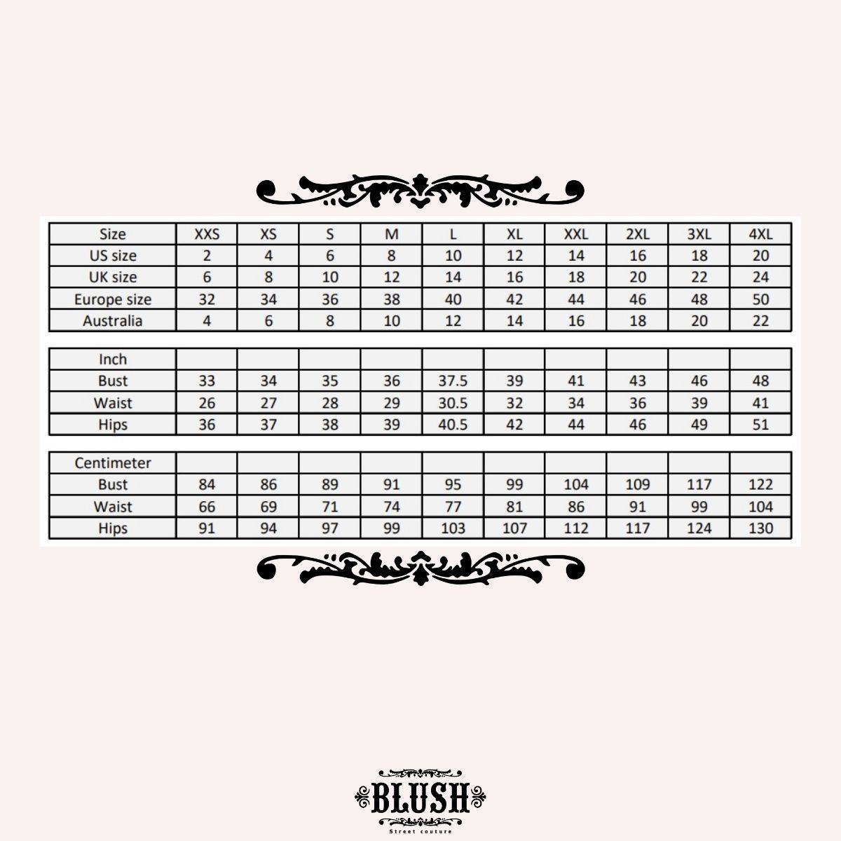 Size chart for the champagne off-shoulder lace wedding gown showing US, UK, Europe, and Australia sizing with bust, waist, and hip measurements.