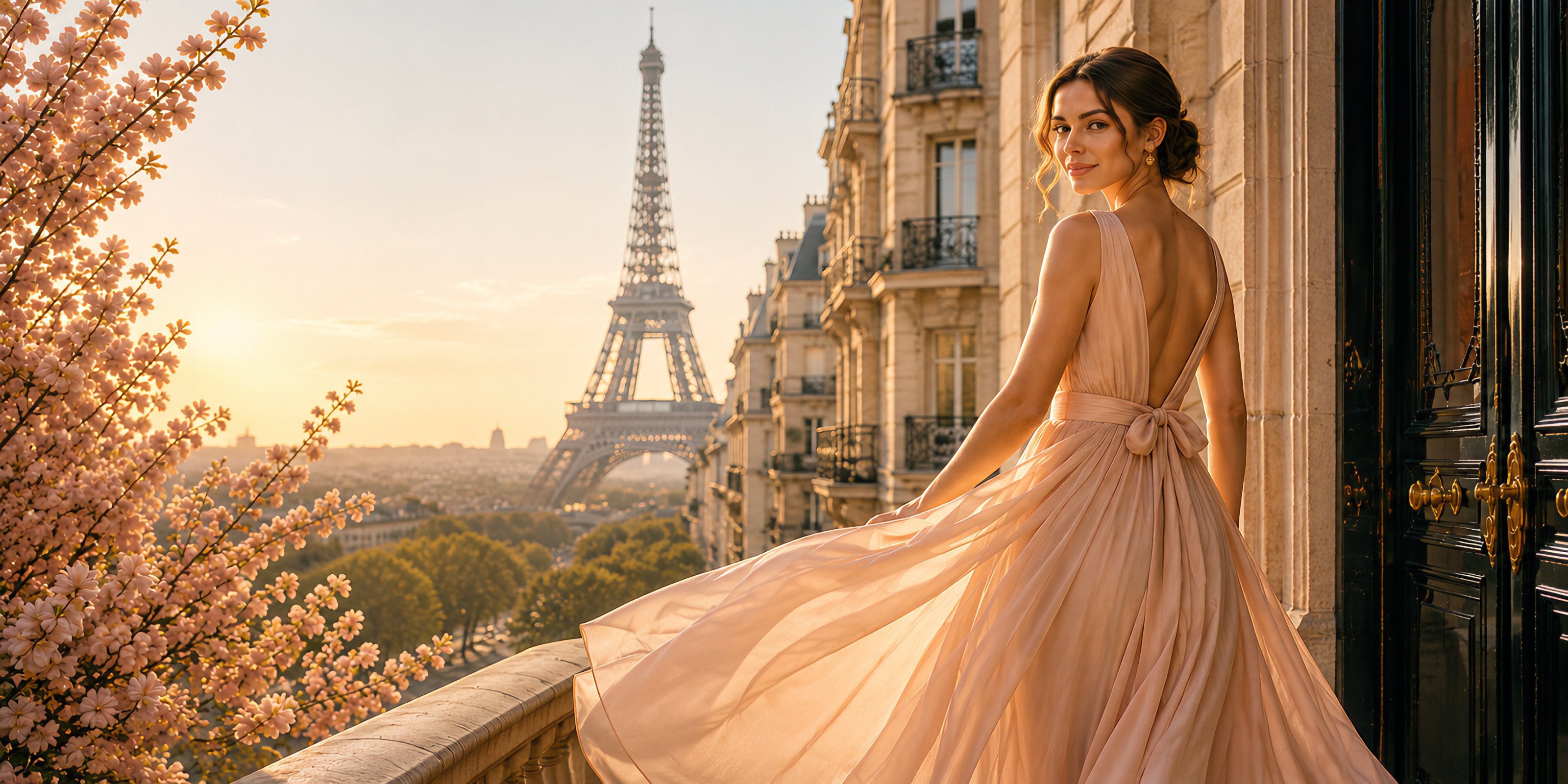 Elegant woman in flowing blush-pink dress overlooking Paris at golden hour with the Eiffel Tower in the background, expressing everyday elegance, femininity, timeless French Style and accessible luxury.