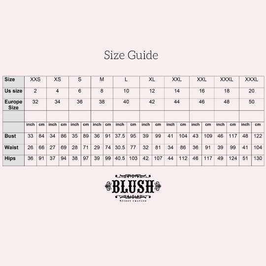 Size guide chart for the woodland vintage lace wedding gown showing US and European sizes with bust, waist, and hip measurements.
